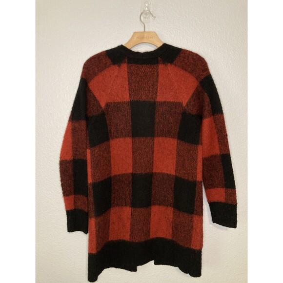 Lucky Brand Womens XS Wool Red Black Buffalo Plaid Long Sweater Cardigan Pockets - Picture 5 of 6